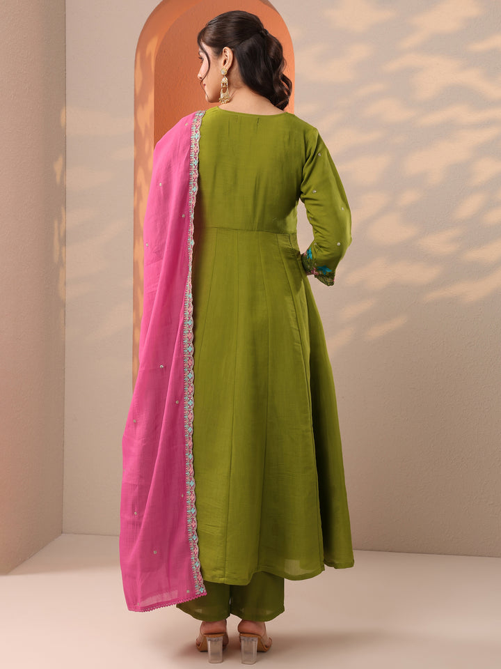 Green Embroidered Silk Blend Anarkali Suit Set With Dupatta