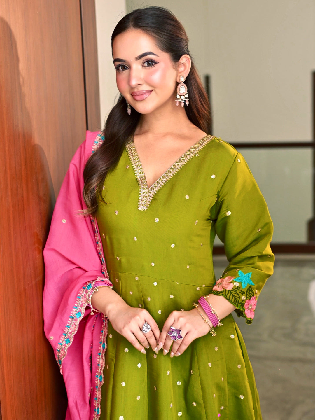 Green Embroidered Silk Blend Anarkali Suit Set With Dupatta