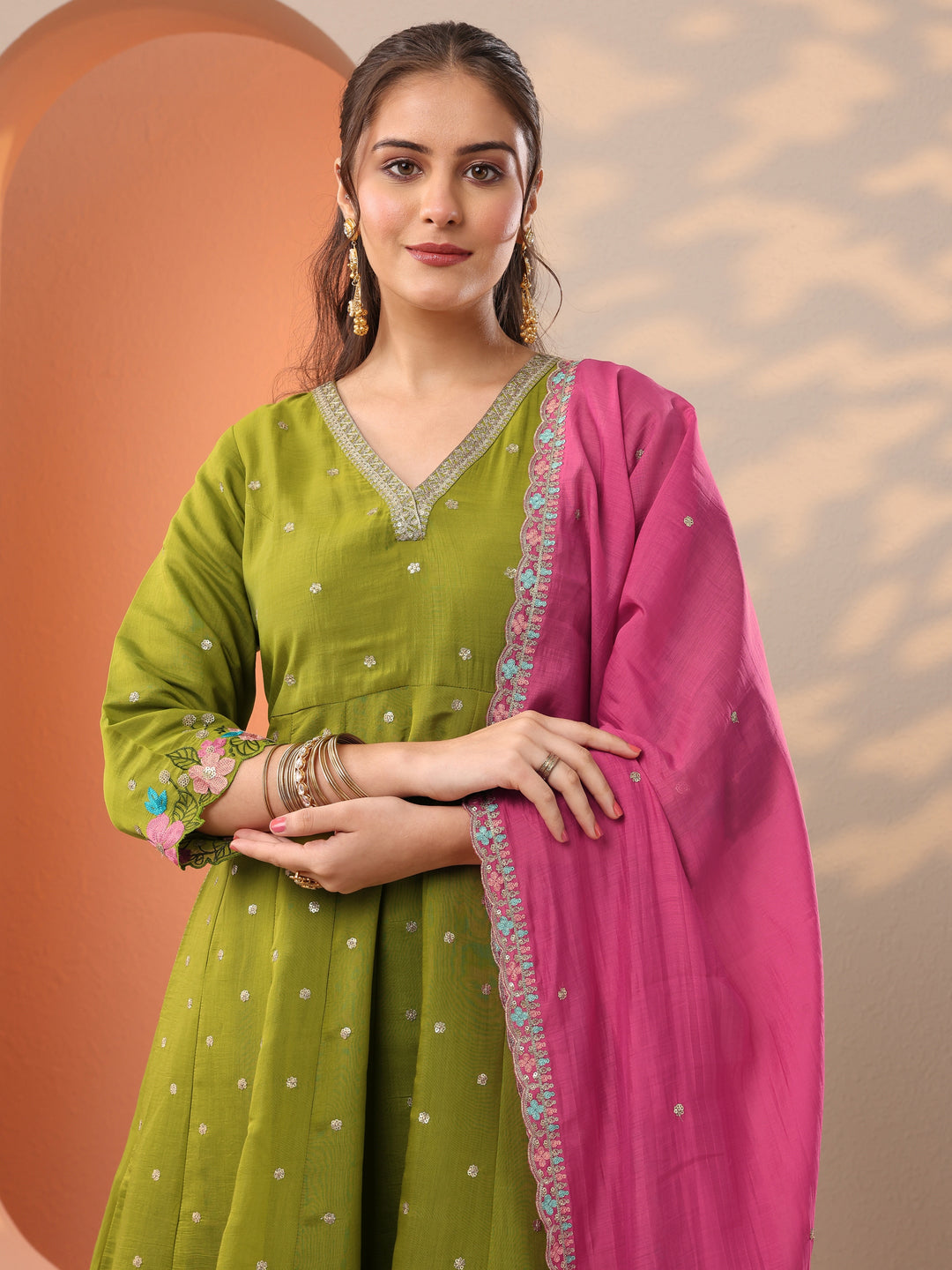 Green Embroidered Silk Blend Anarkali Suit Set With Dupatta