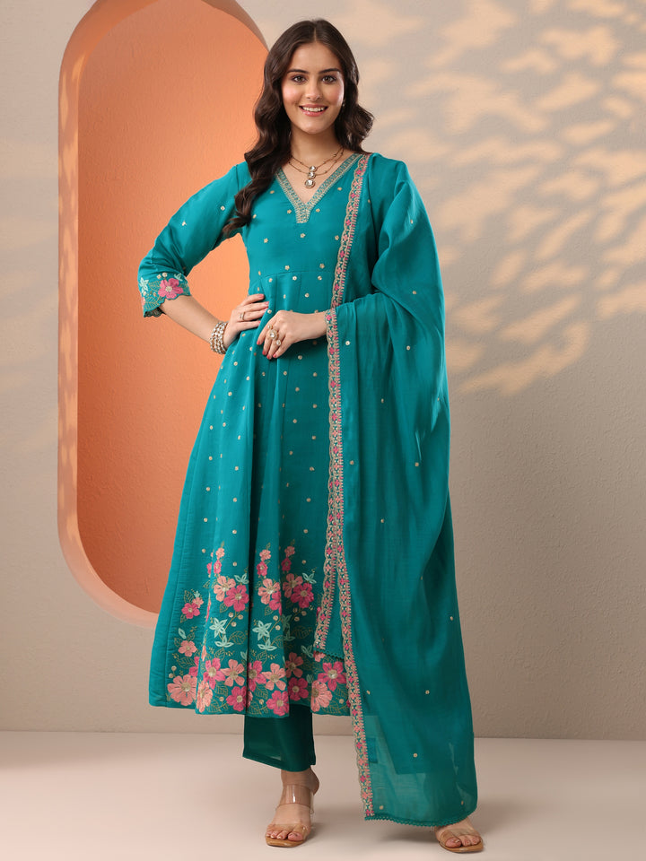 Blue Embroidered Silk Blend Straight Suit Set With Dupatta