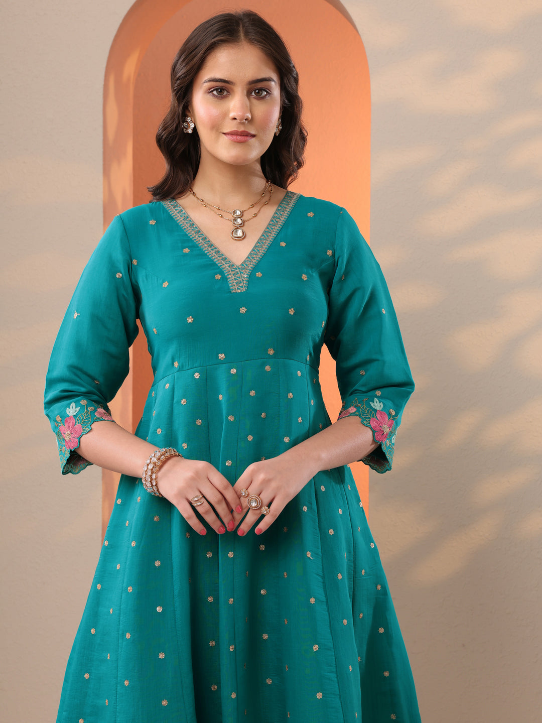 Blue Embroidered Silk Blend Straight Suit Set With Dupatta