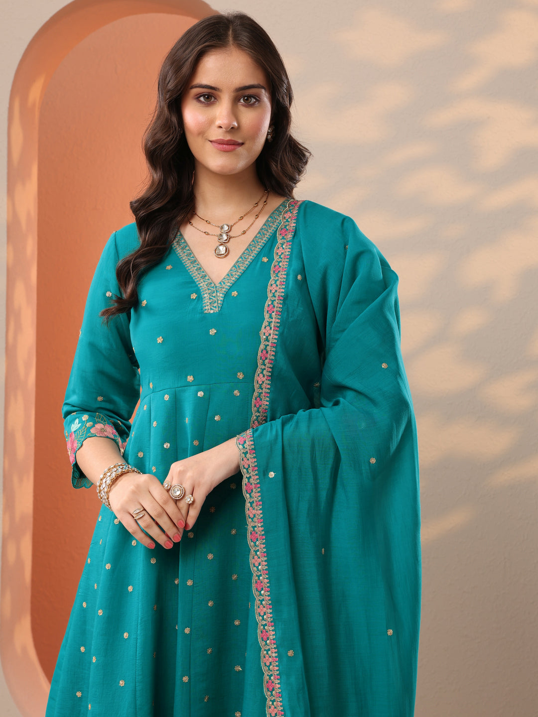 Blue Embroidered Silk Blend Straight Suit Set With Dupatta