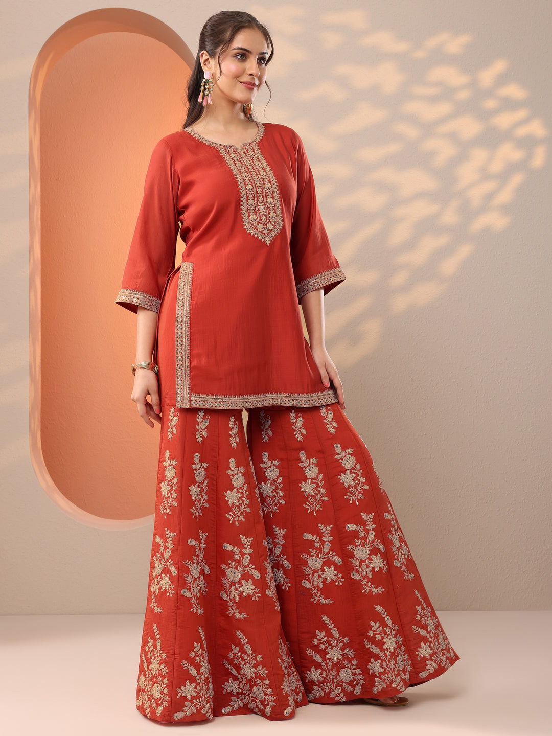 Rust Embroidered Silk Blend Straight Suit Set With Dupatta