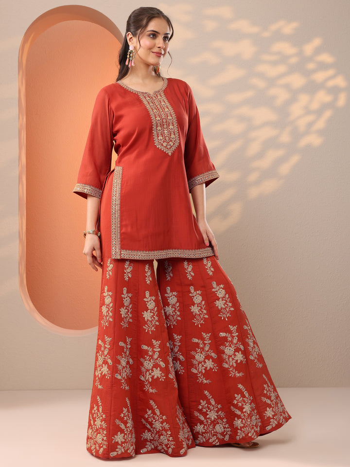 Rust Embroidered Silk Blend Straight Suit Set With Dupatta