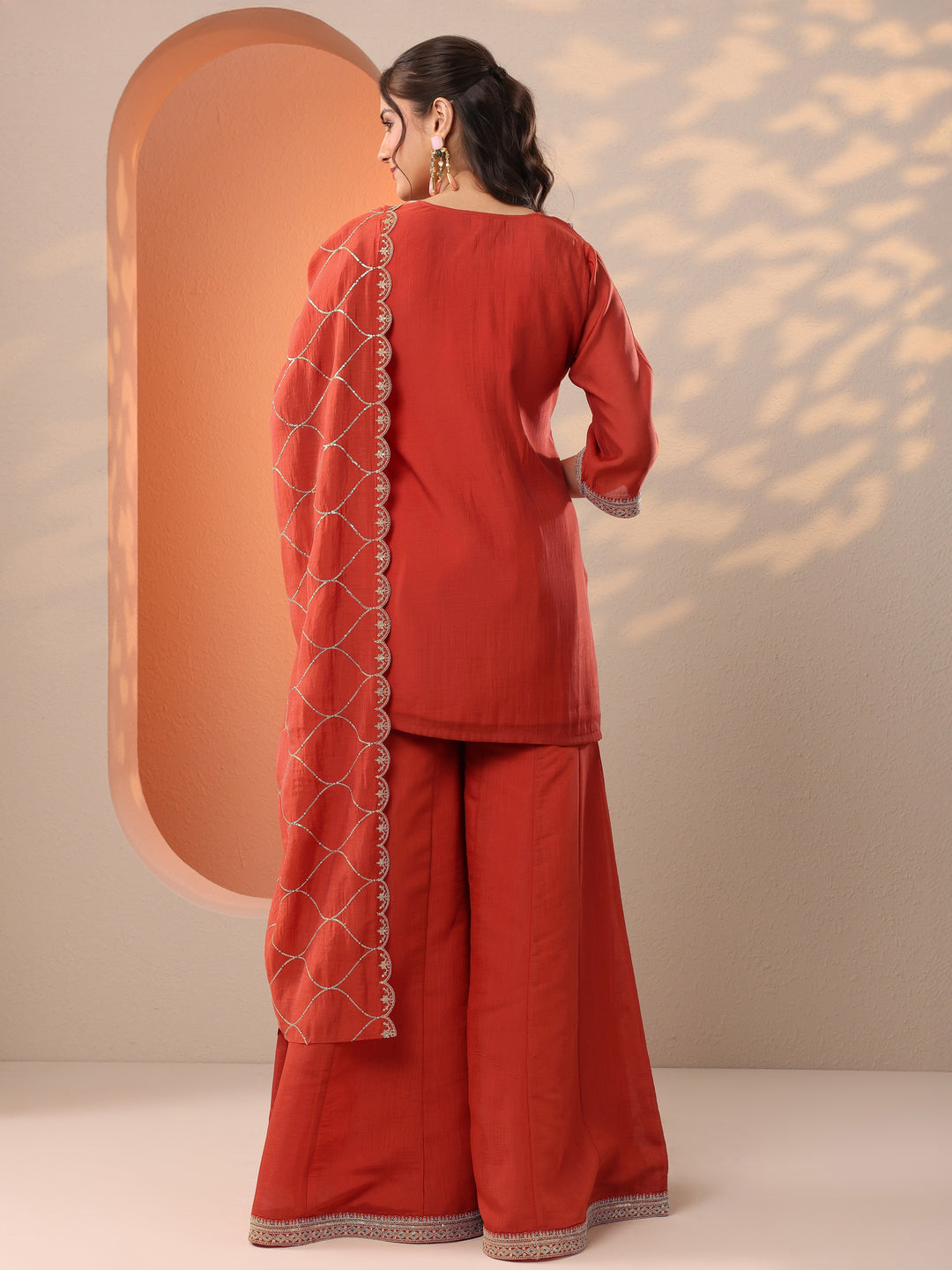 Rust Embroidered Silk Blend Straight Suit Set With Dupatta