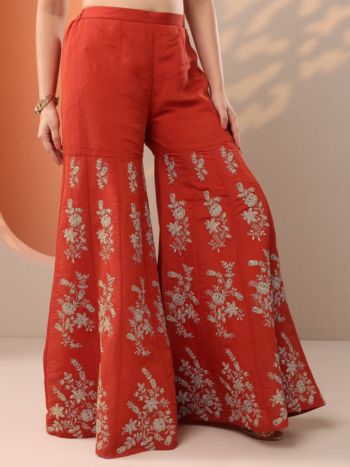 Rust Embroidered Silk Blend Straight Suit Set With Dupatta