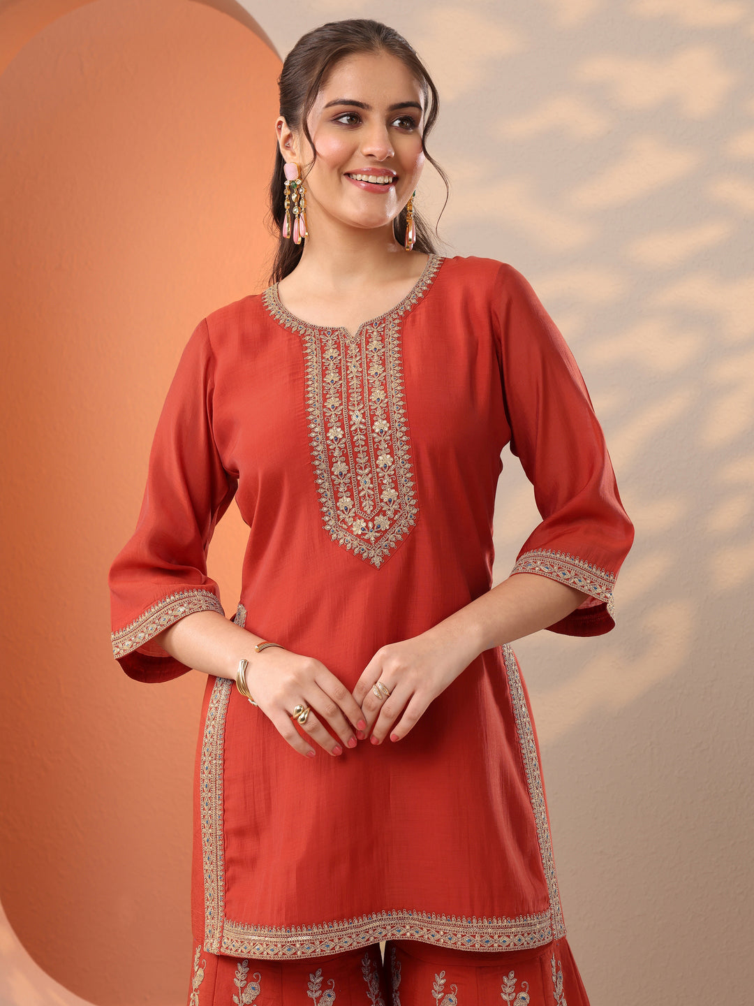 Rust Embroidered Silk Blend Straight Suit Set With Dupatta