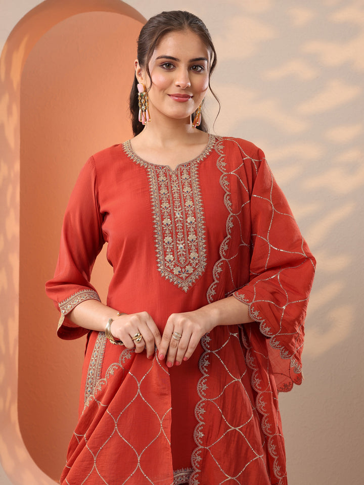 Rust Embroidered Silk Blend Straight Suit Set With Dupatta