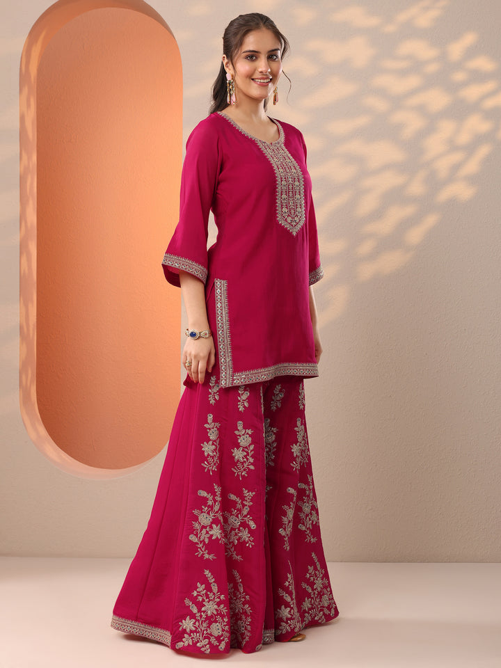Pink Embroidered Silk Blend Straight Suit Set With Dupatta