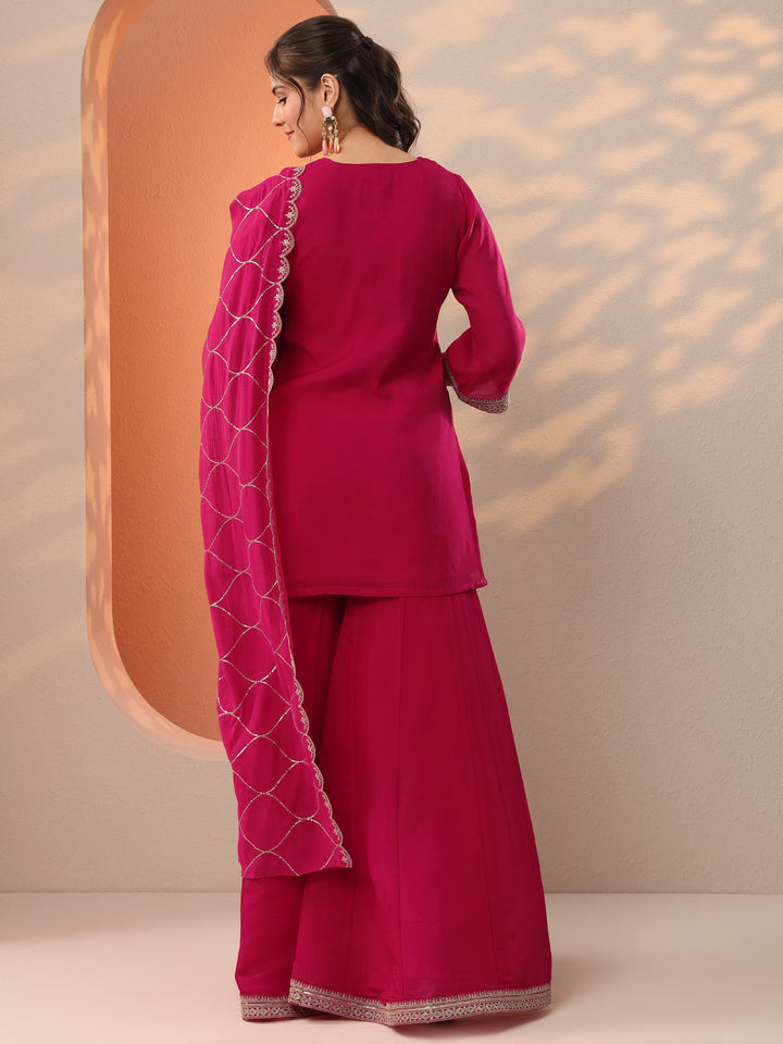 Pink Embroidered Silk Blend Straight Suit Set With Dupatta