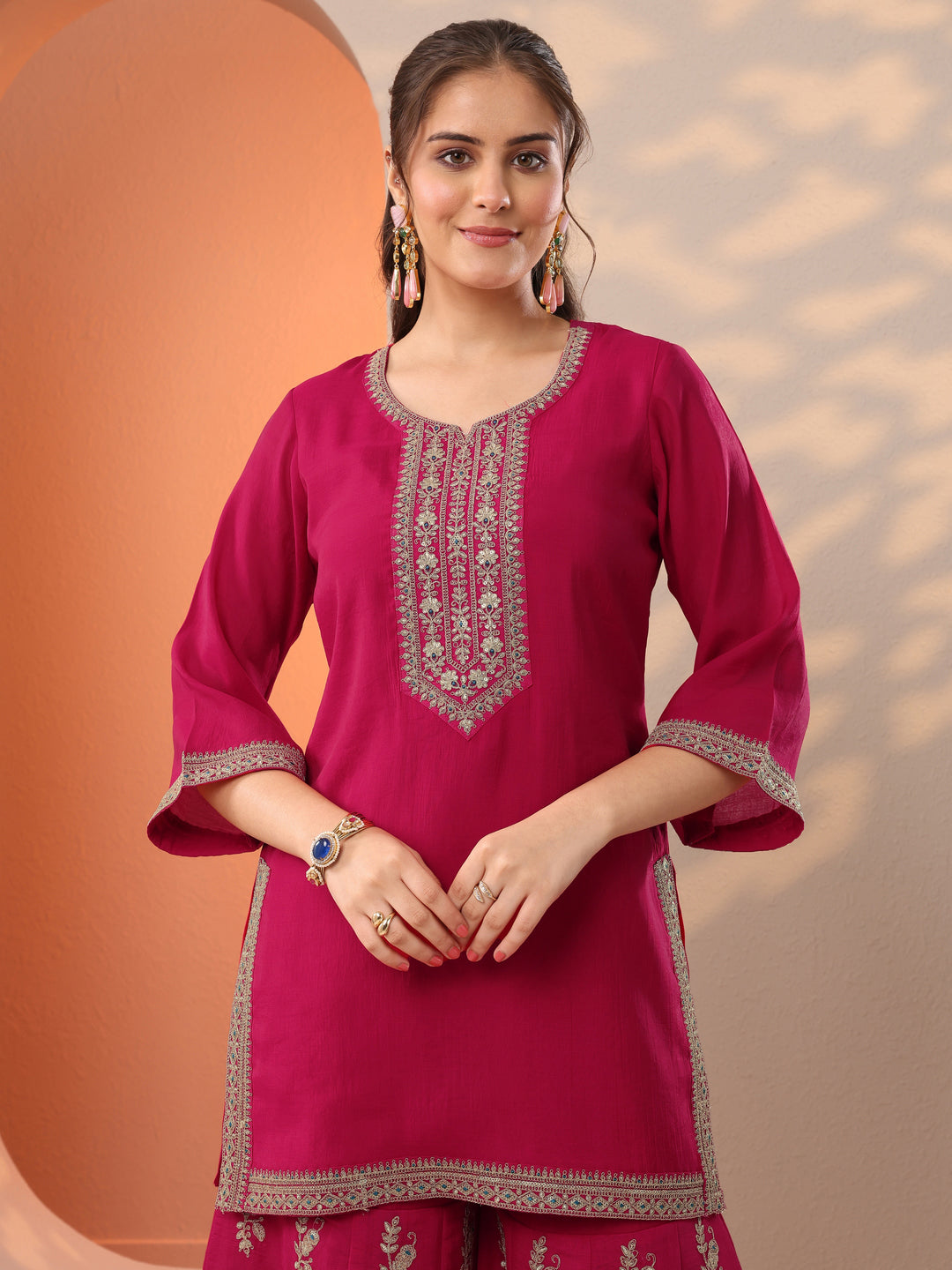 Pink Embroidered Silk Blend Straight Suit Set With Dupatta