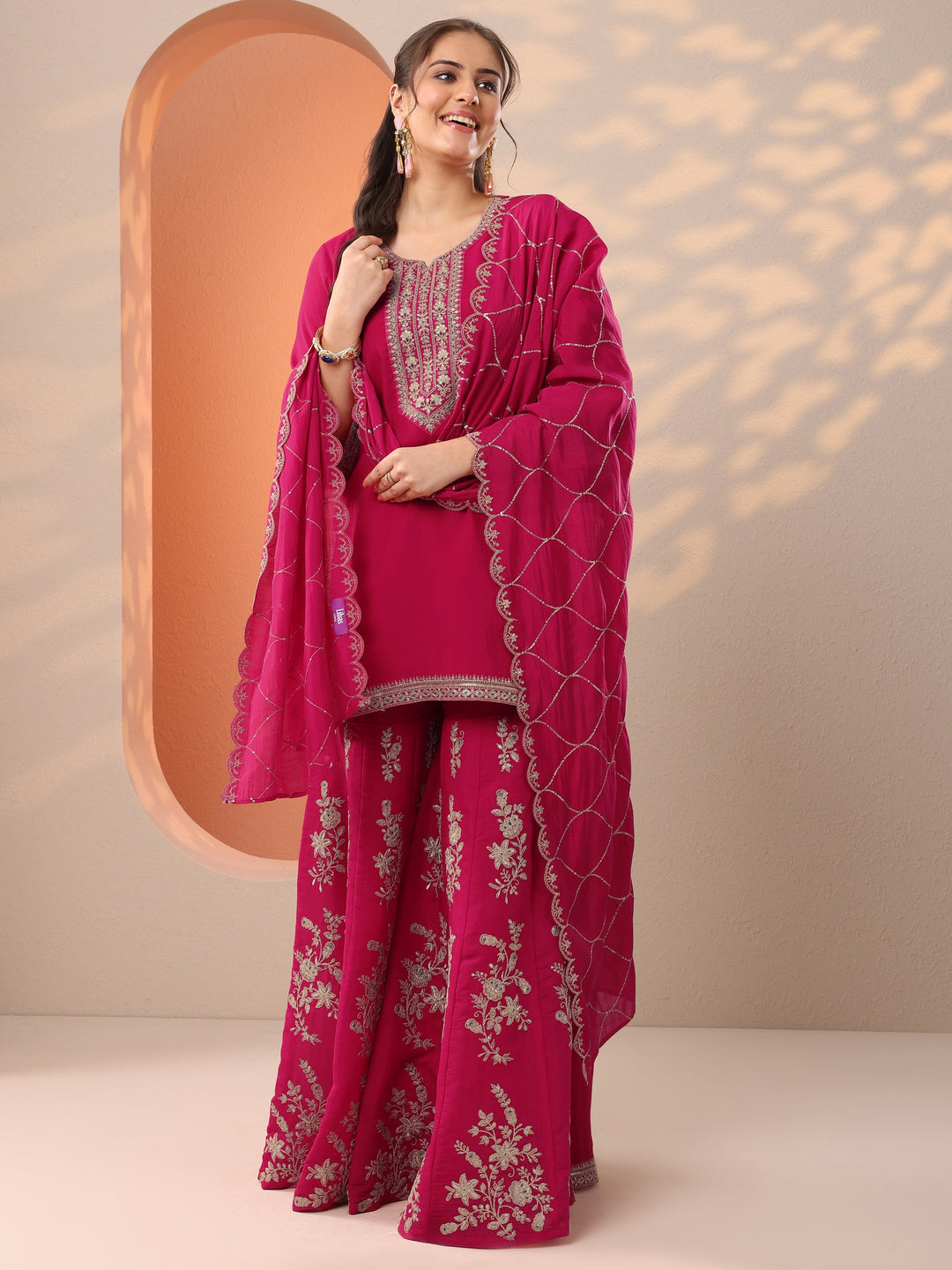 Pink Embroidered Silk Blend Straight Suit Set With Dupatta