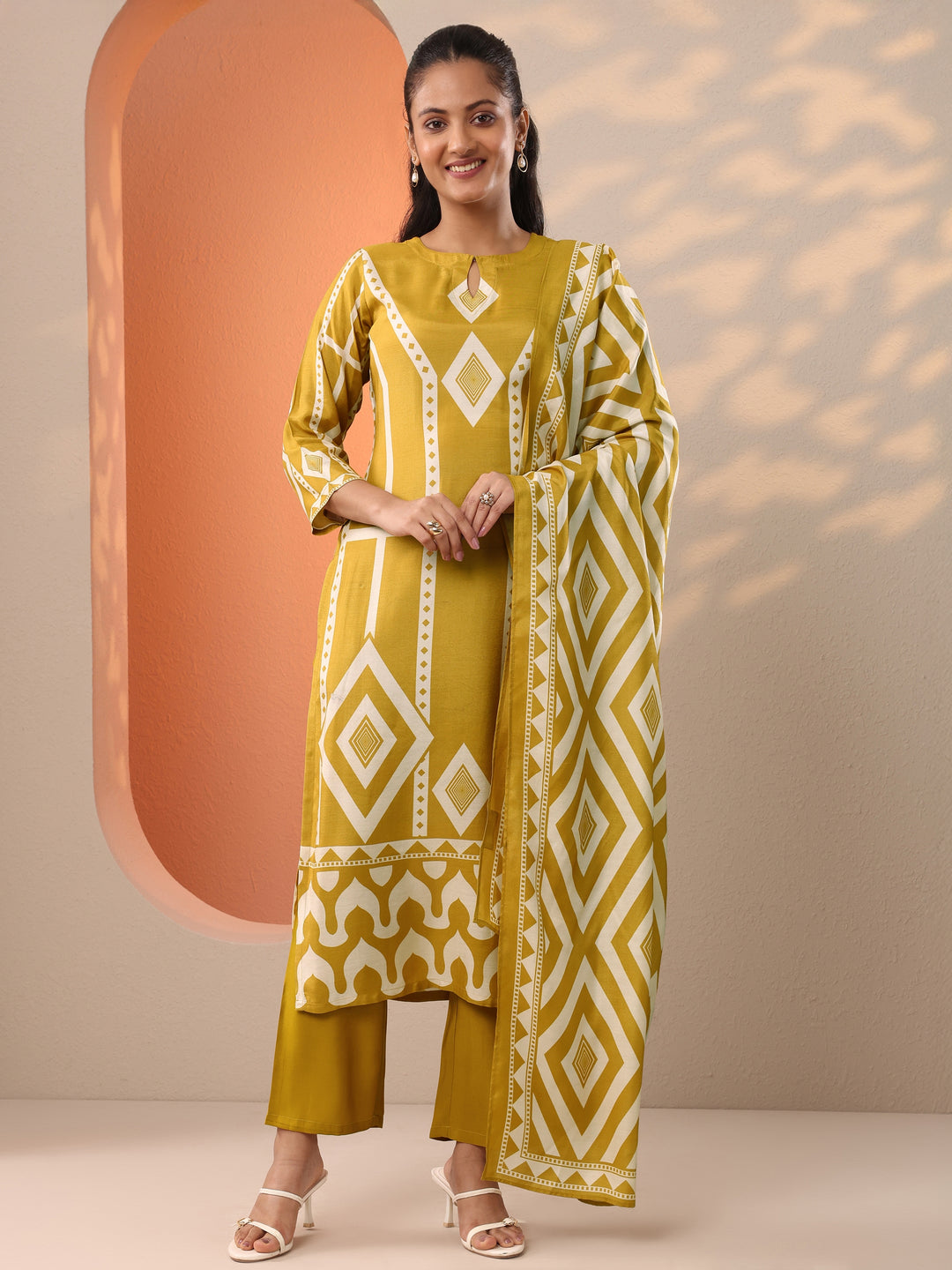 Mustard Printed Silk Blend Straight Suit Set With Dupatta