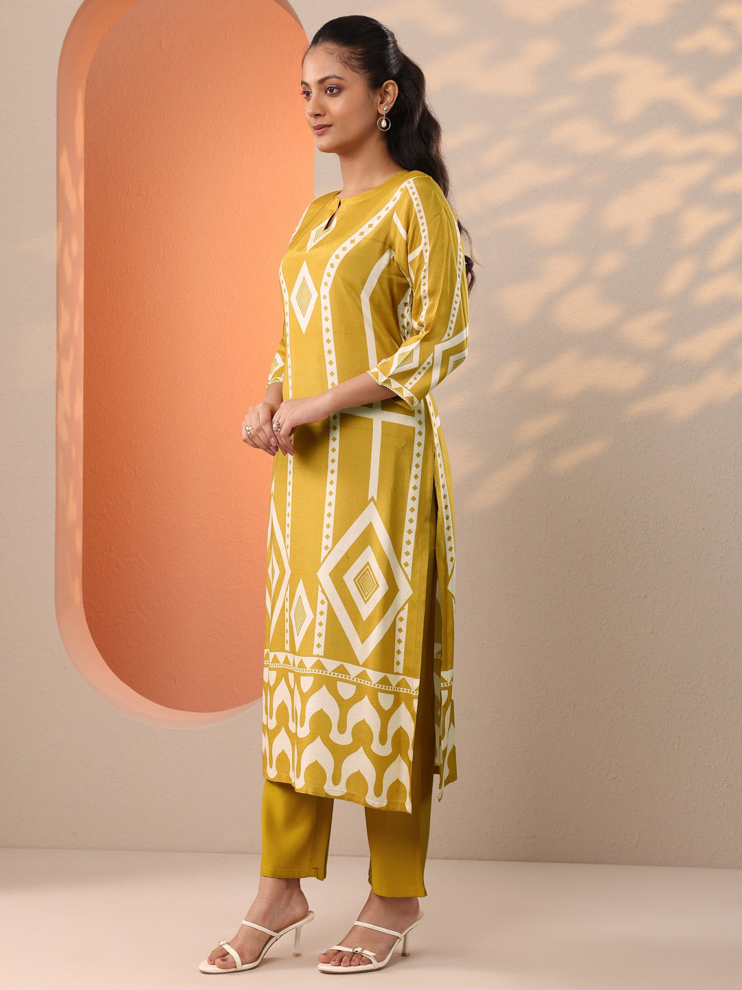 Mustard Printed Silk Blend Straight Suit Set With Dupatta