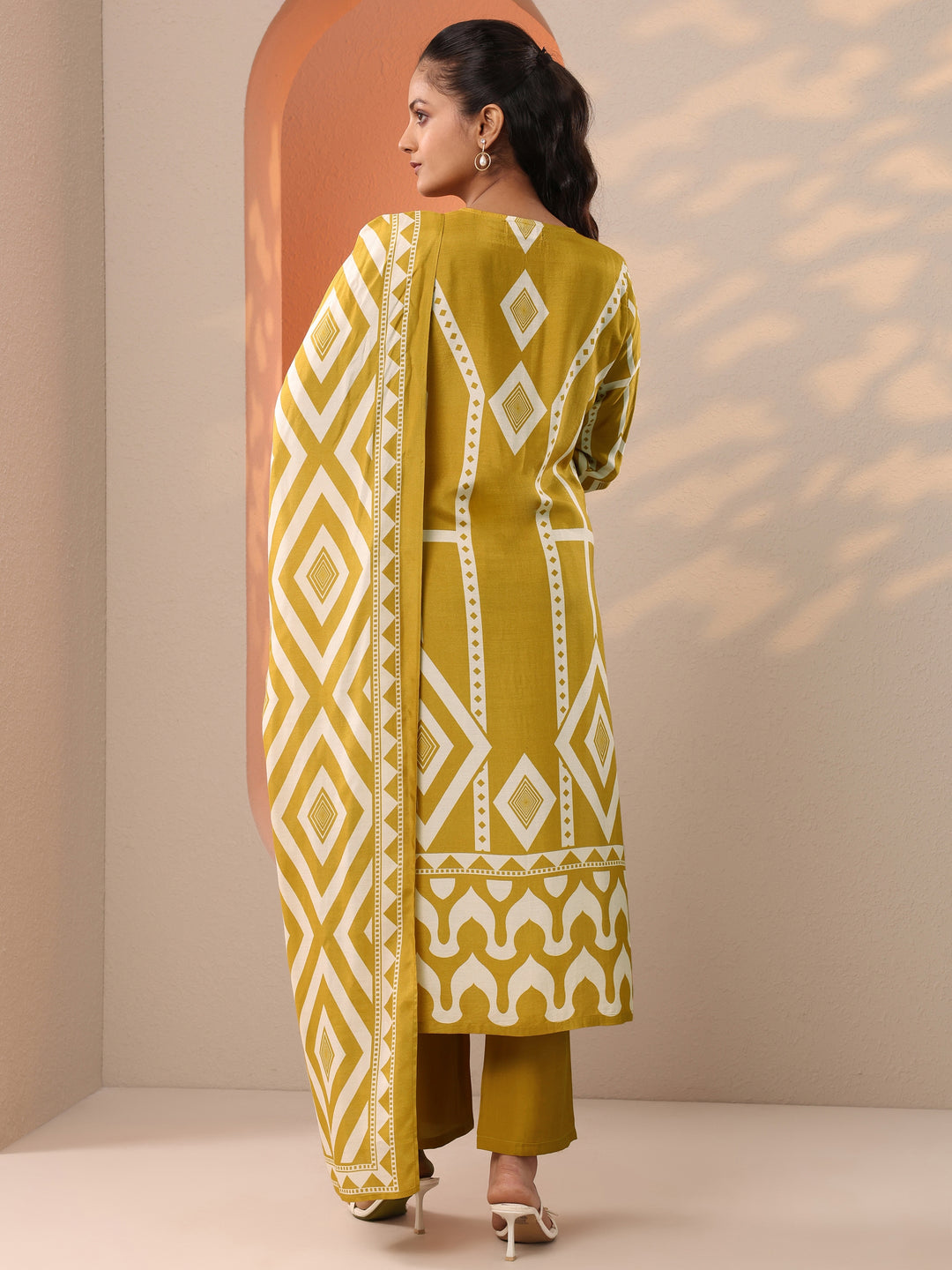 Mustard Printed Silk Blend Straight Suit Set With Dupatta