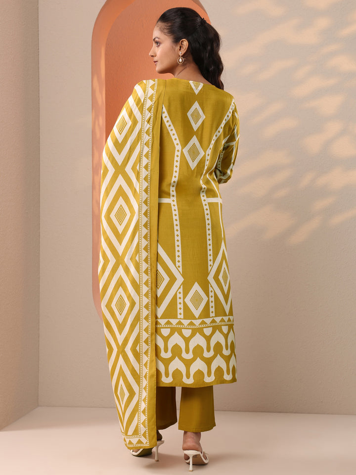 Mustard Printed Silk Blend Straight Suit Set With Dupatta