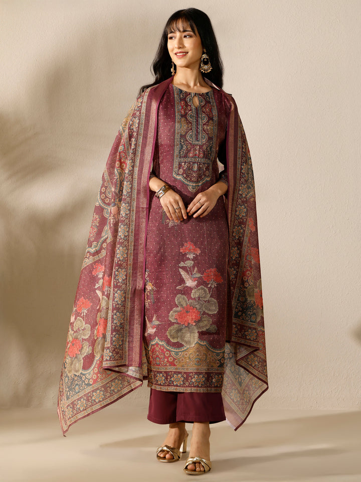Burgundy Printed Silk Blend Straight Suit Set With Dupatta