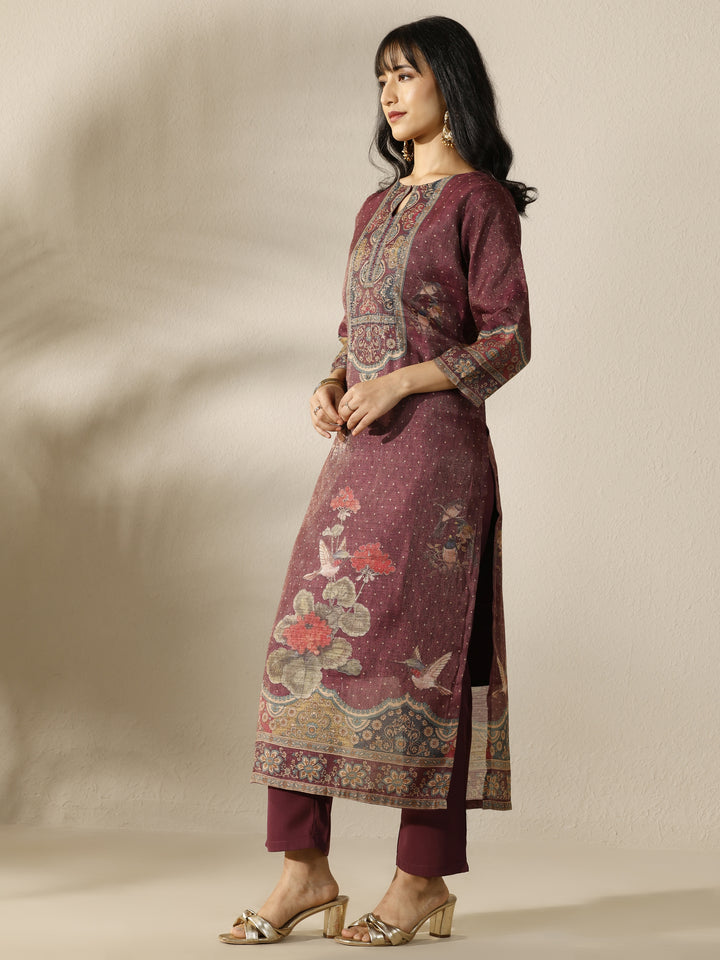 Burgundy Printed Silk Blend Straight Suit Set With Dupatta