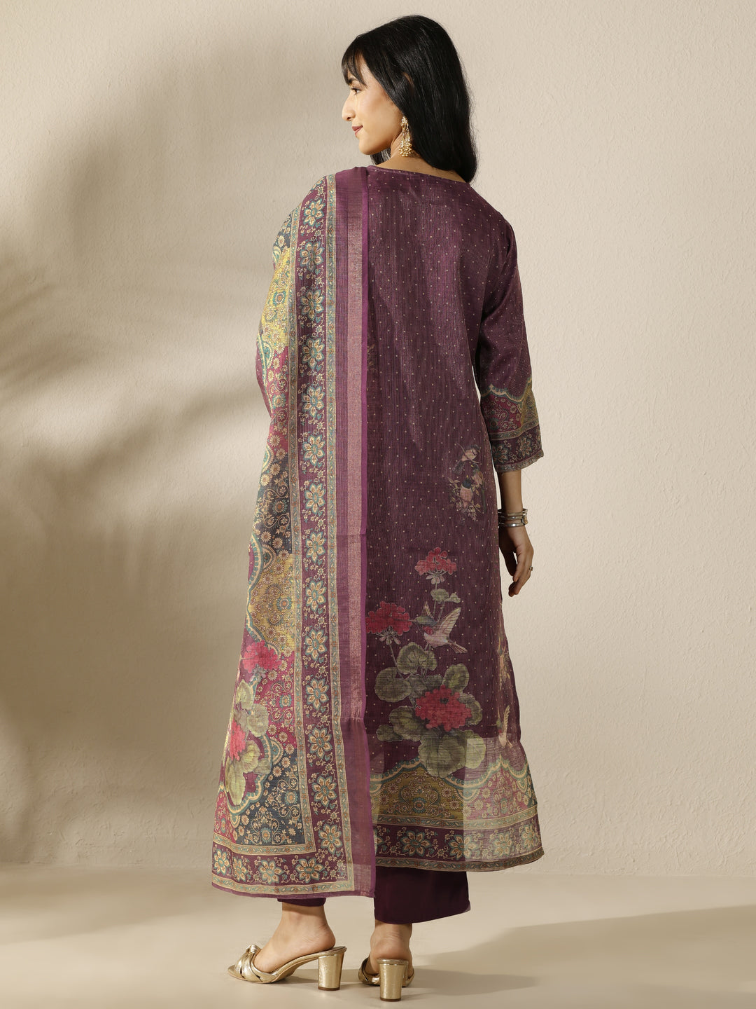 Burgundy Printed Silk Blend Straight Suit Set With Dupatta