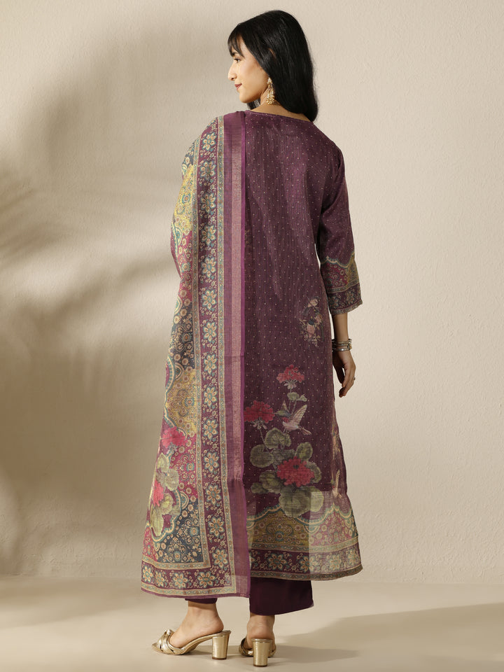Burgundy Printed Silk Blend Straight Suit Set With Dupatta