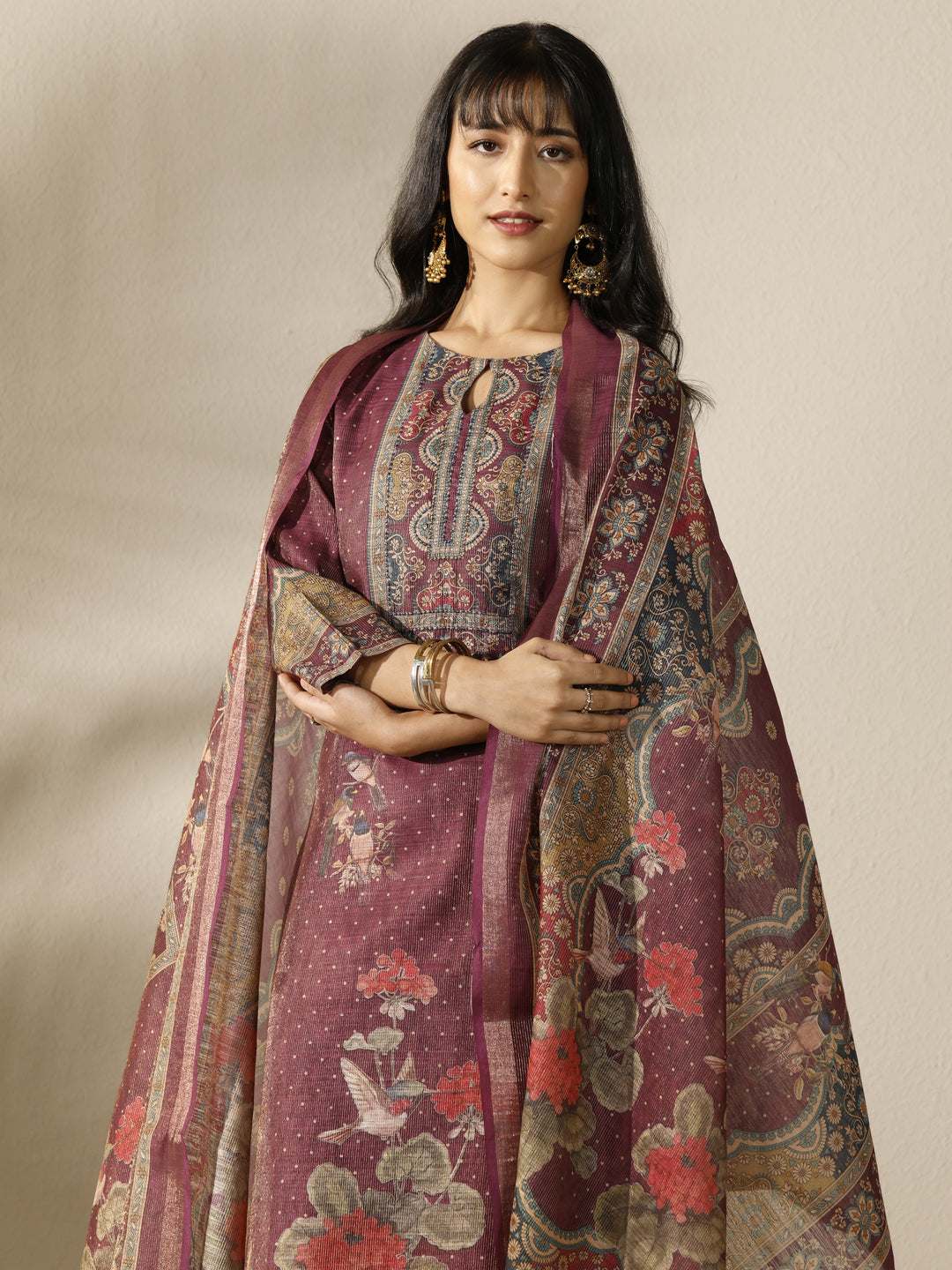 Burgundy Printed Silk Blend Straight Suit Set With Dupatta