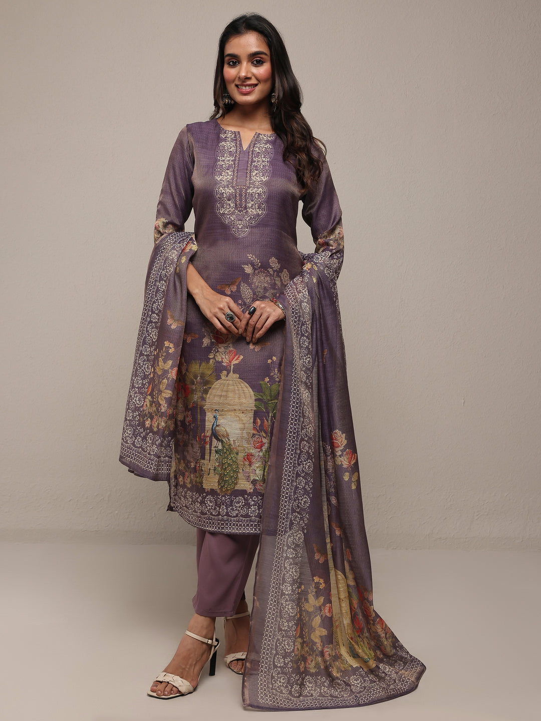 Purple Printed Silk Blend Straight Suit Set With Dupatta