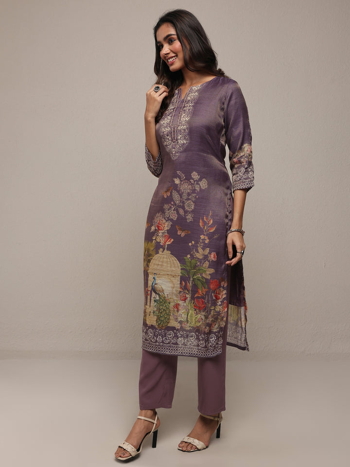 Purple Printed Silk Blend Straight Suit Set With Dupatta