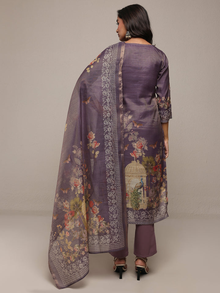 Purple Printed Silk Blend Straight Suit Set With Dupatta