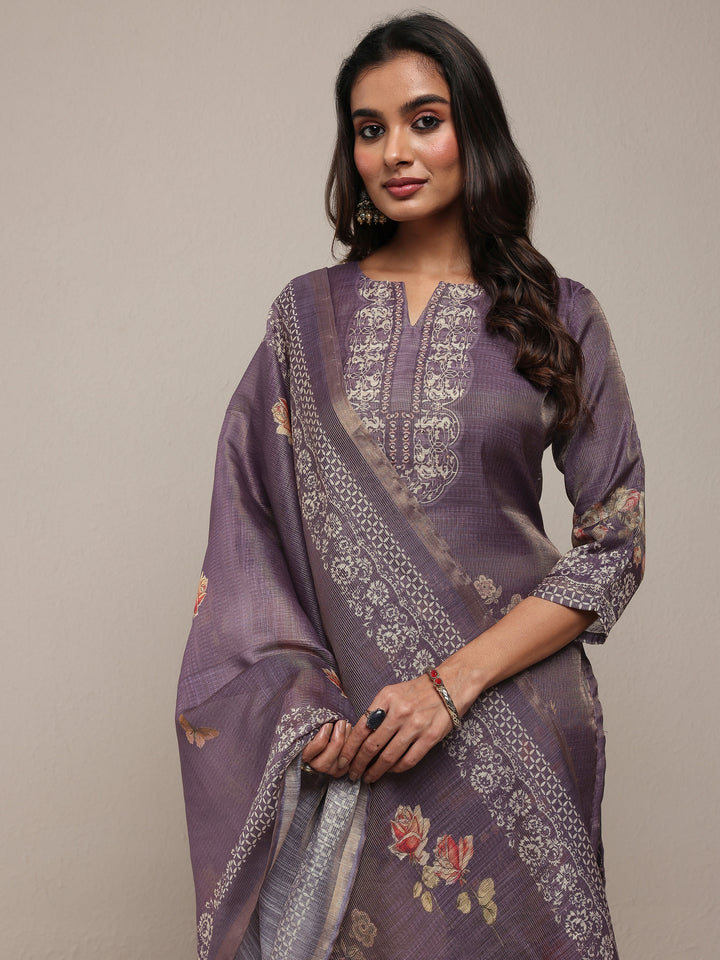 Purple Printed Silk Blend Straight Suit Set With Dupatta