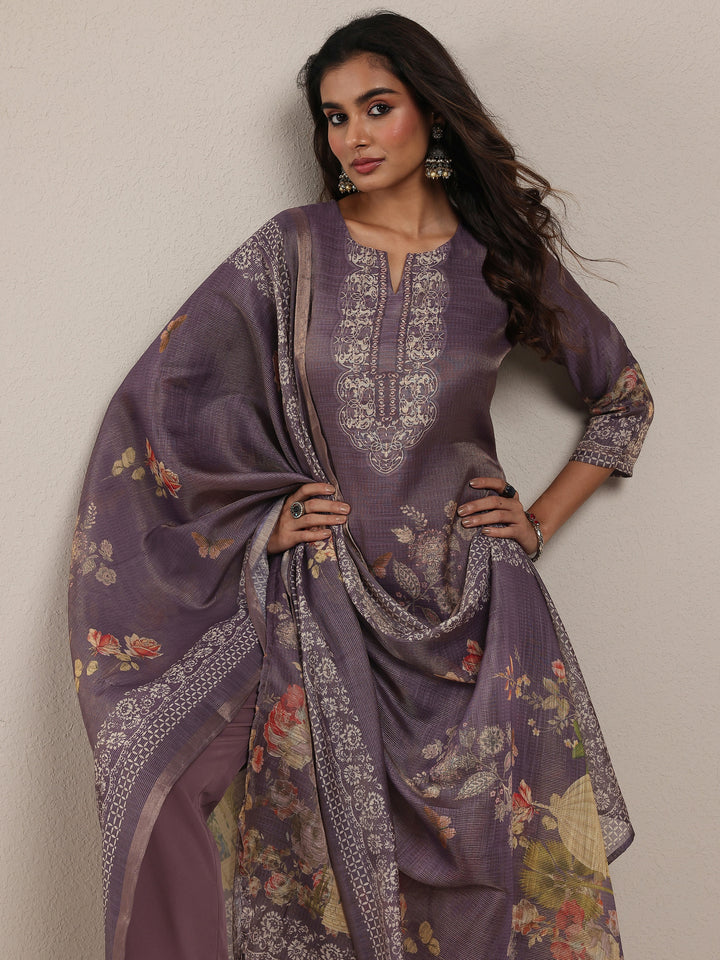 Purple Printed Silk Blend Straight Suit Set With Dupatta