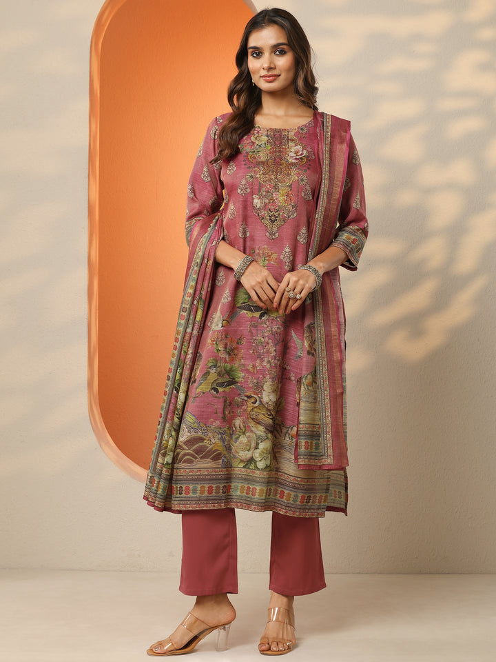 Pink Printed Silk Blend Straight Suit Set With Dupatta