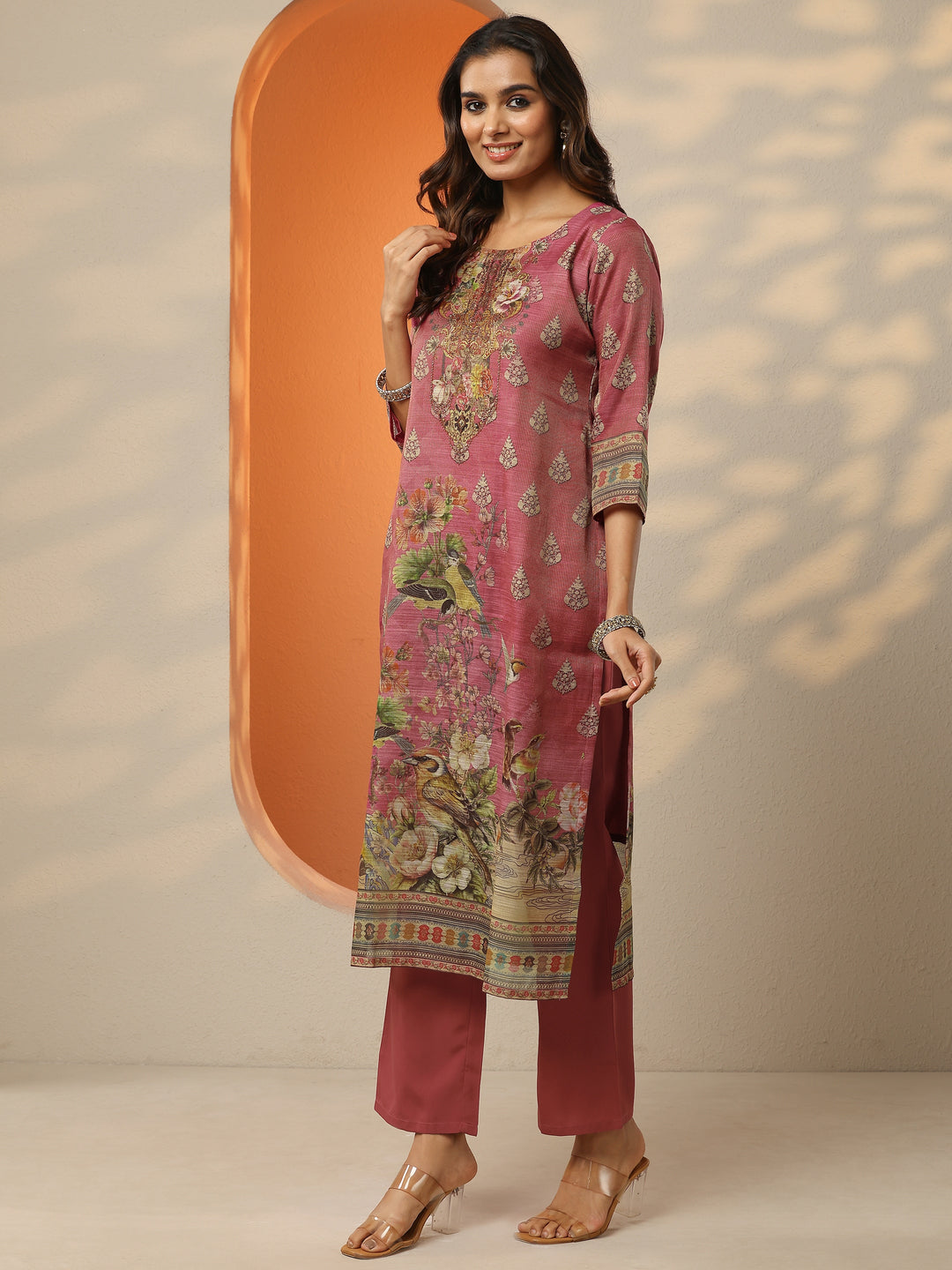 Pink Printed Silk Blend Straight Suit Set With Dupatta