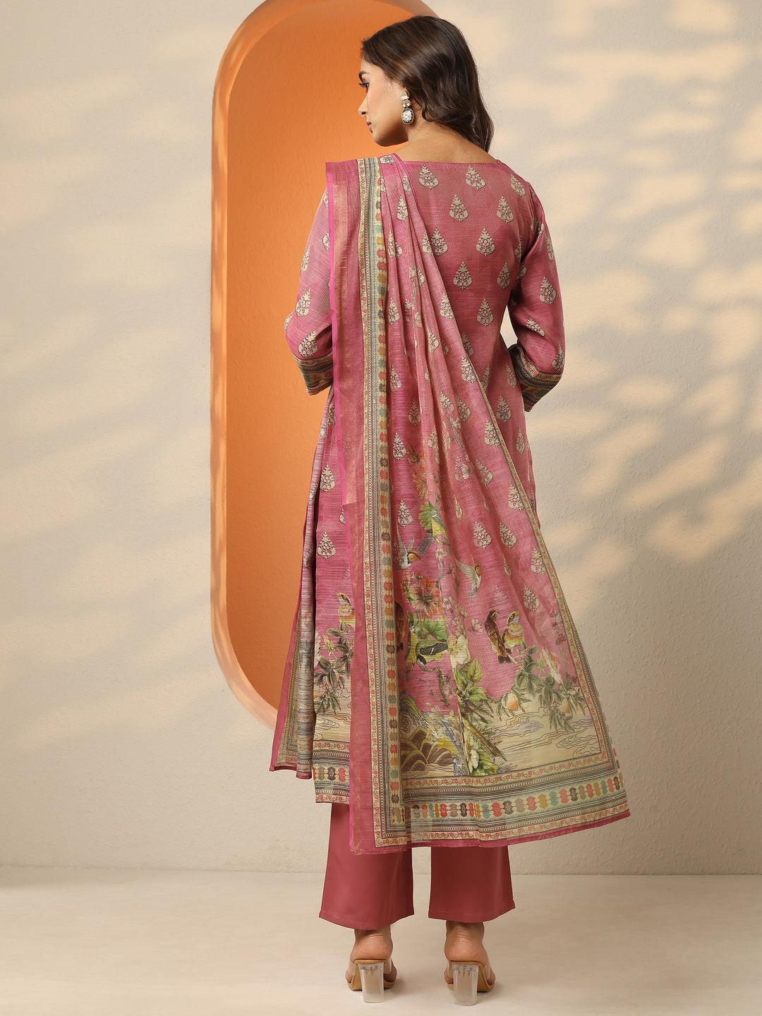 Pink Printed Silk Blend Straight Suit Set With Dupatta