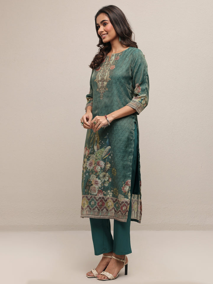 Green Printed Silk Blend Straight Suit Set With Dupatta