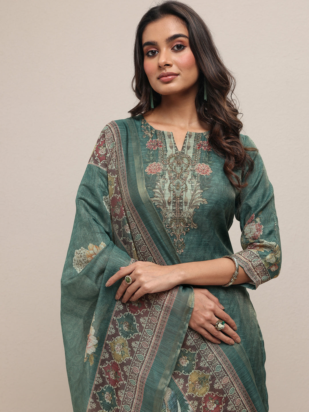 Green Printed Silk Blend Straight Suit Set With Dupatta