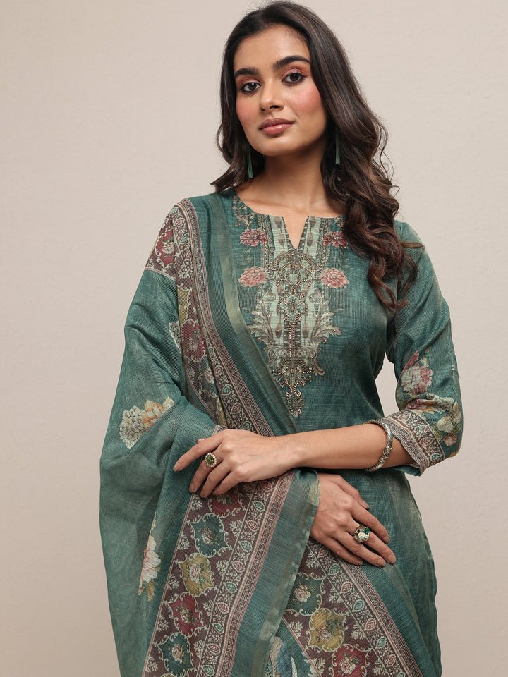 Green Printed Silk Blend Straight Suit Set With Dupatta
