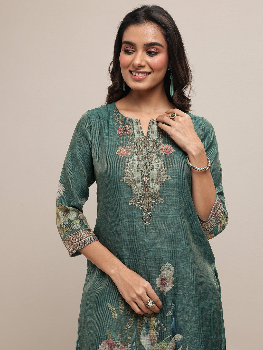 Green Printed Silk Blend Straight Suit Set With Dupatta