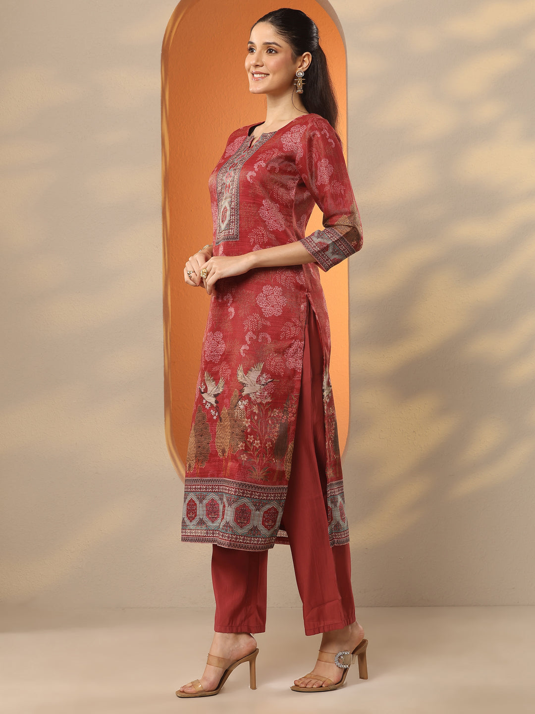 Red Printed Silk Blend Straight Suit Set With Dupatta