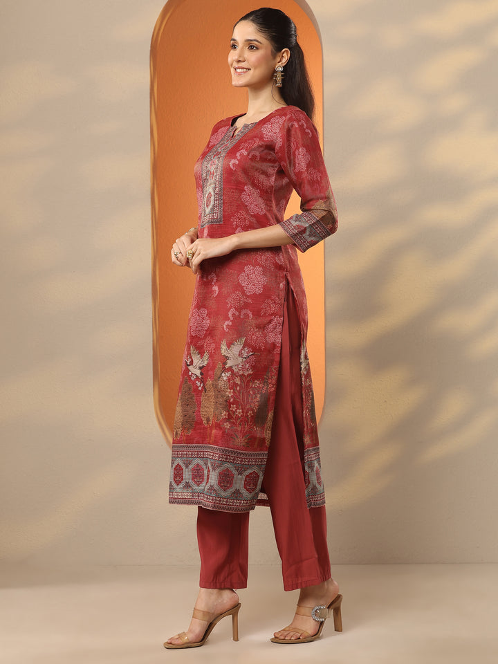 Red Printed Silk Blend Straight Suit Set With Dupatta