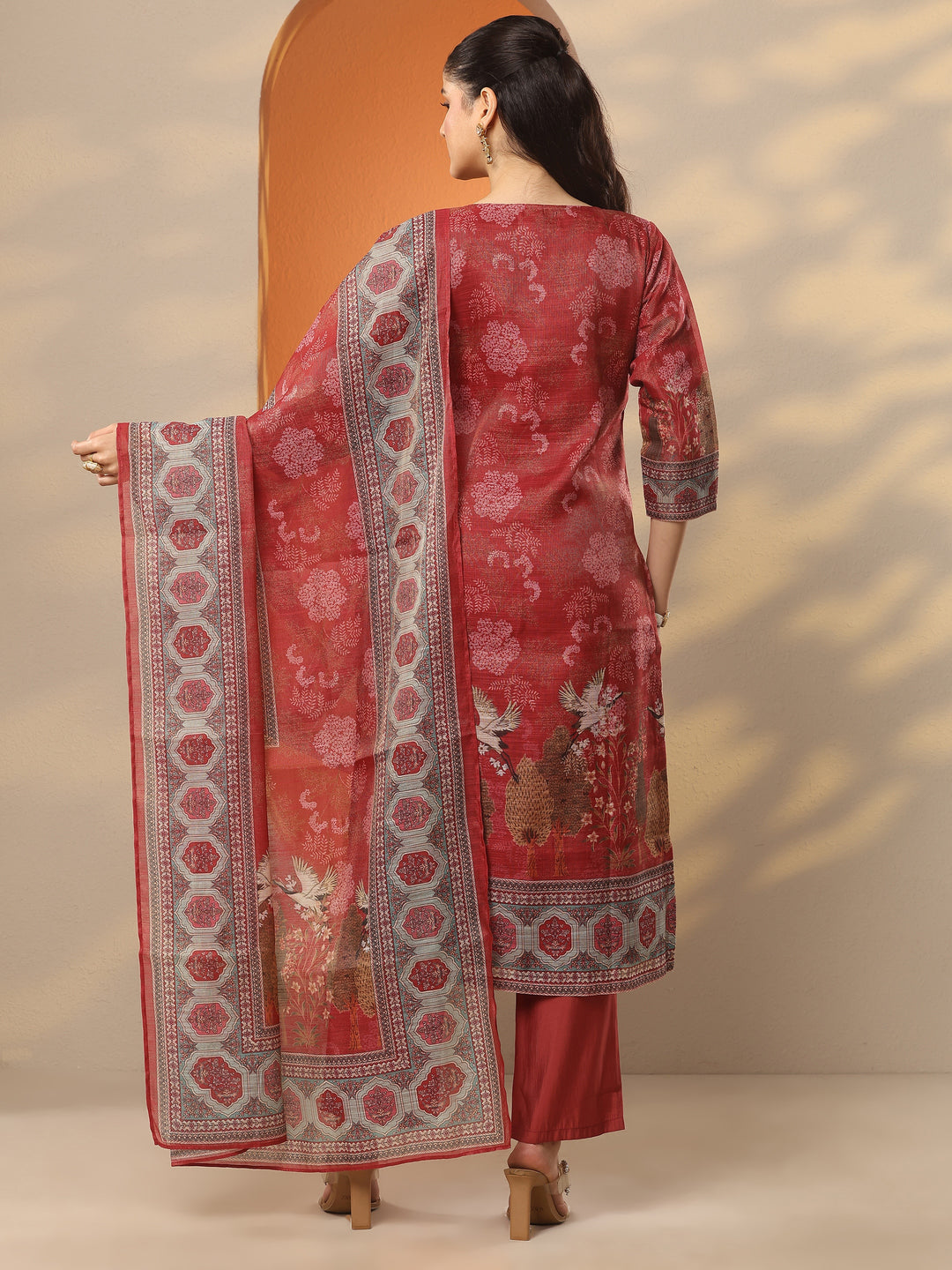 Red Printed Silk Blend Straight Suit Set With Dupatta