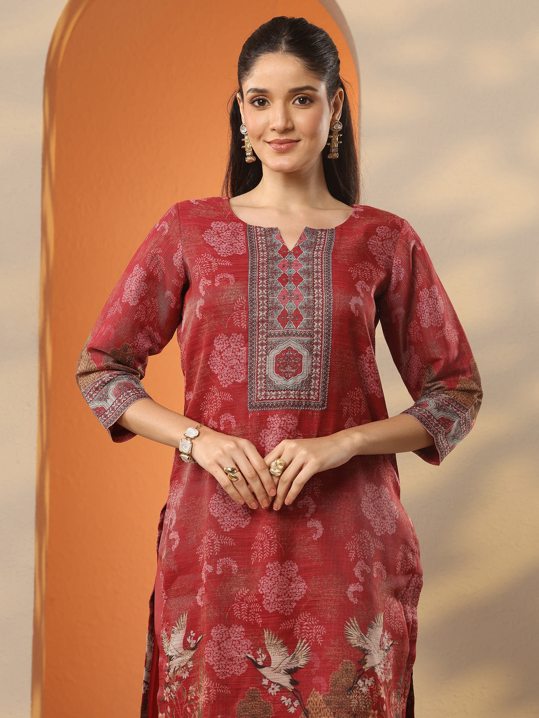 Red Printed Silk Blend Straight Suit Set With Dupatta