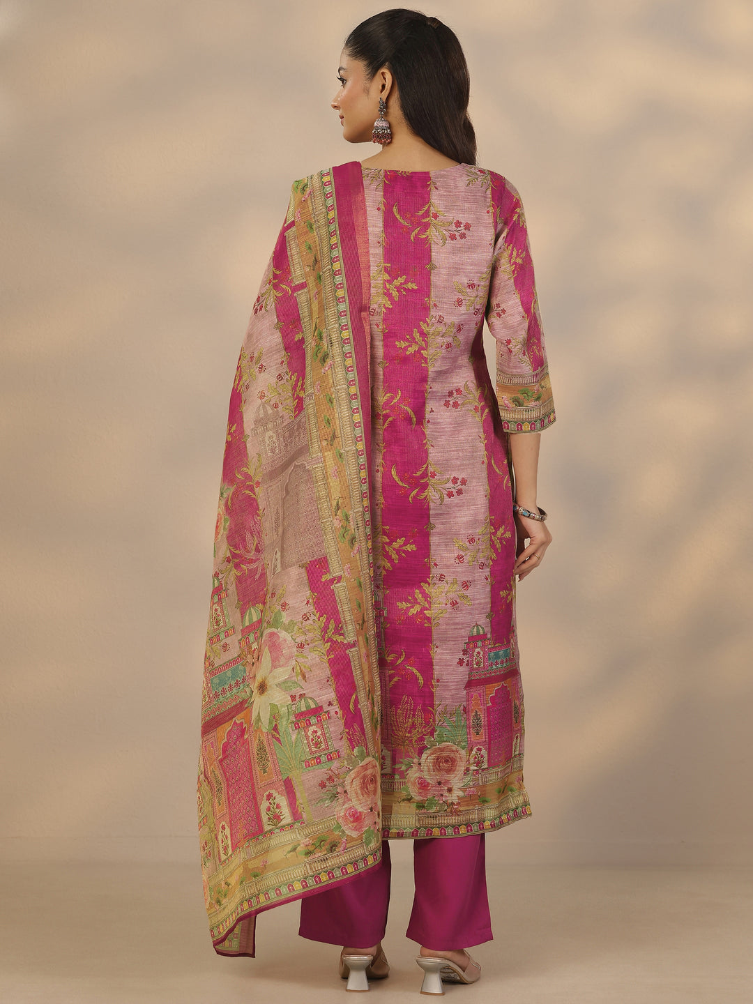 Pink Printed Silk Blend Straight Suit Set With Dupatta