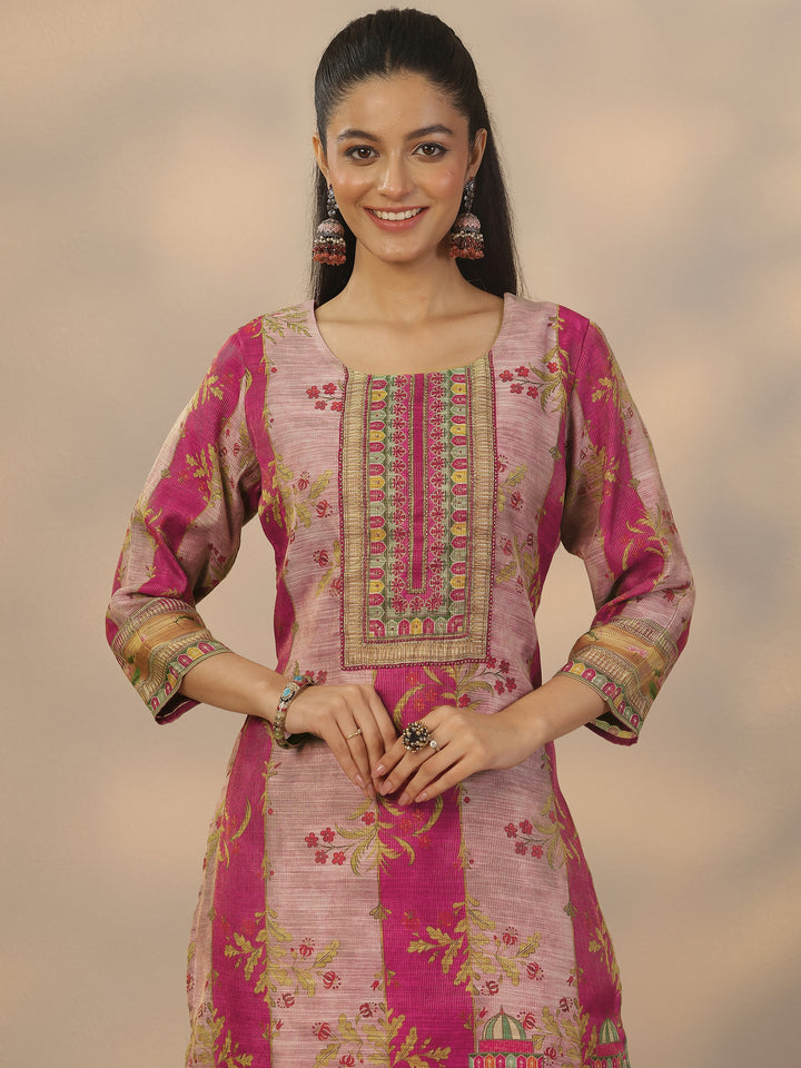 Pink Printed Silk Blend Straight Suit Set With Dupatta