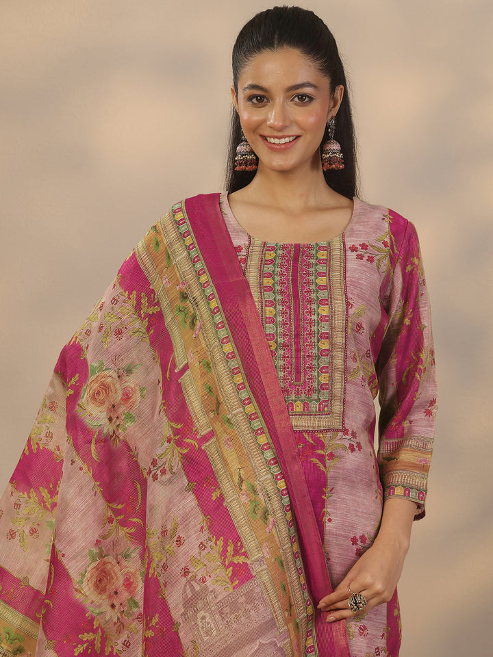 Pink Printed Silk Blend Straight Suit Set With Dupatta