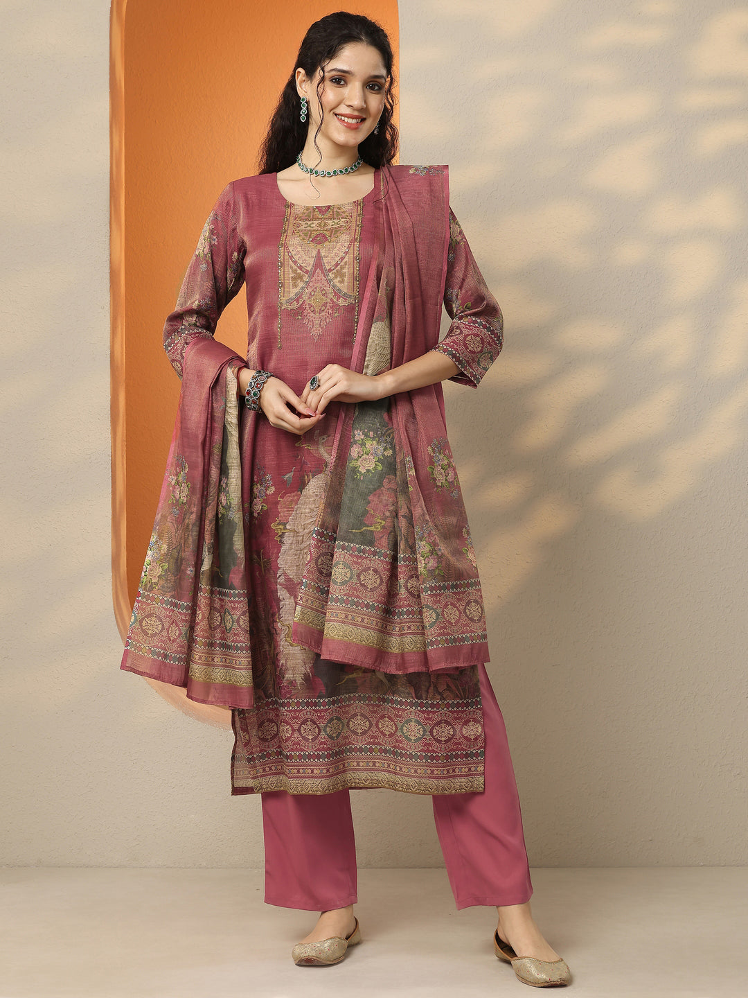 Maroon Printed Silk Blend Straight Suit Set With Dupatta