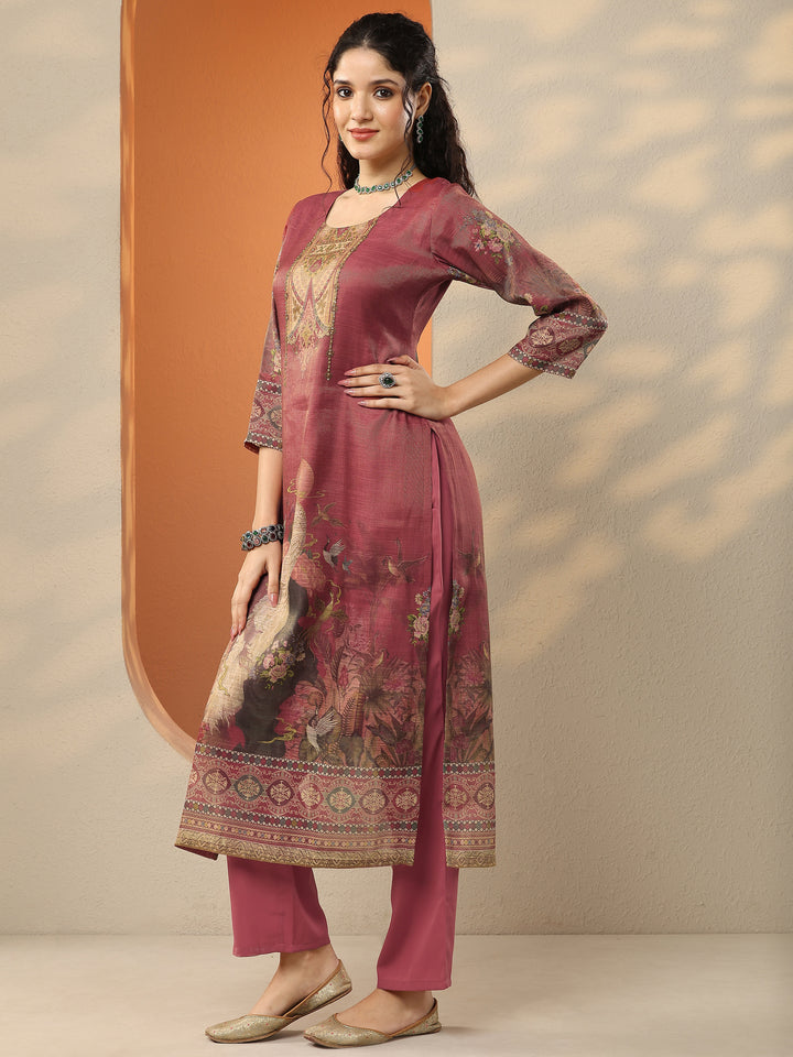 Maroon Printed Silk Blend Straight Suit Set With Dupatta