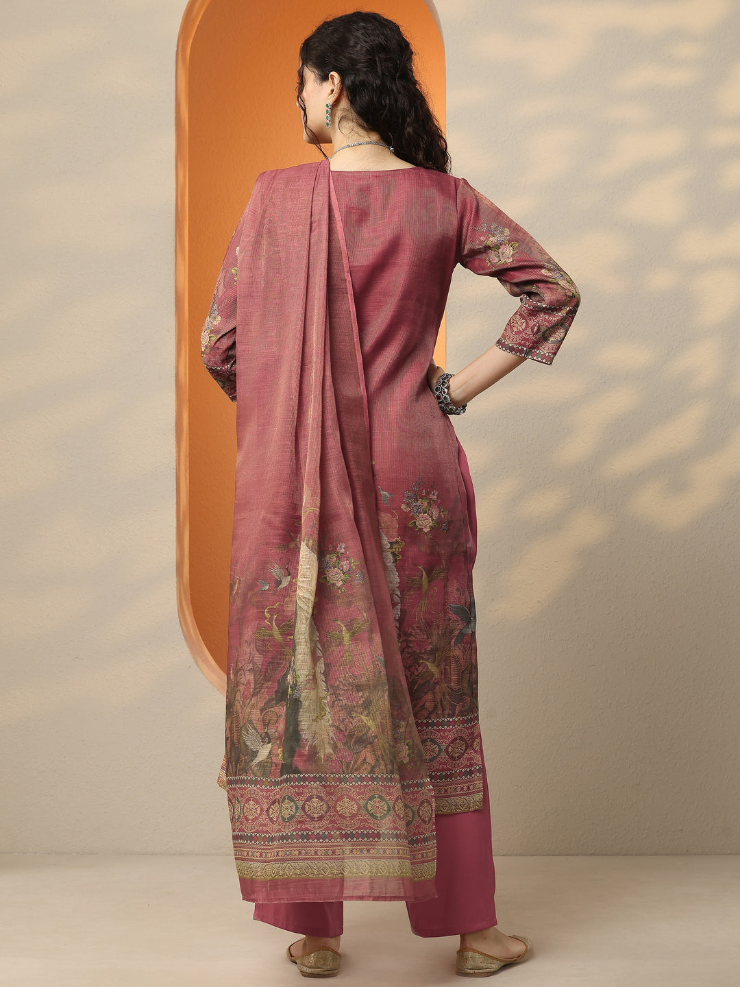 Maroon Printed Silk Blend Straight Suit Set With Dupatta