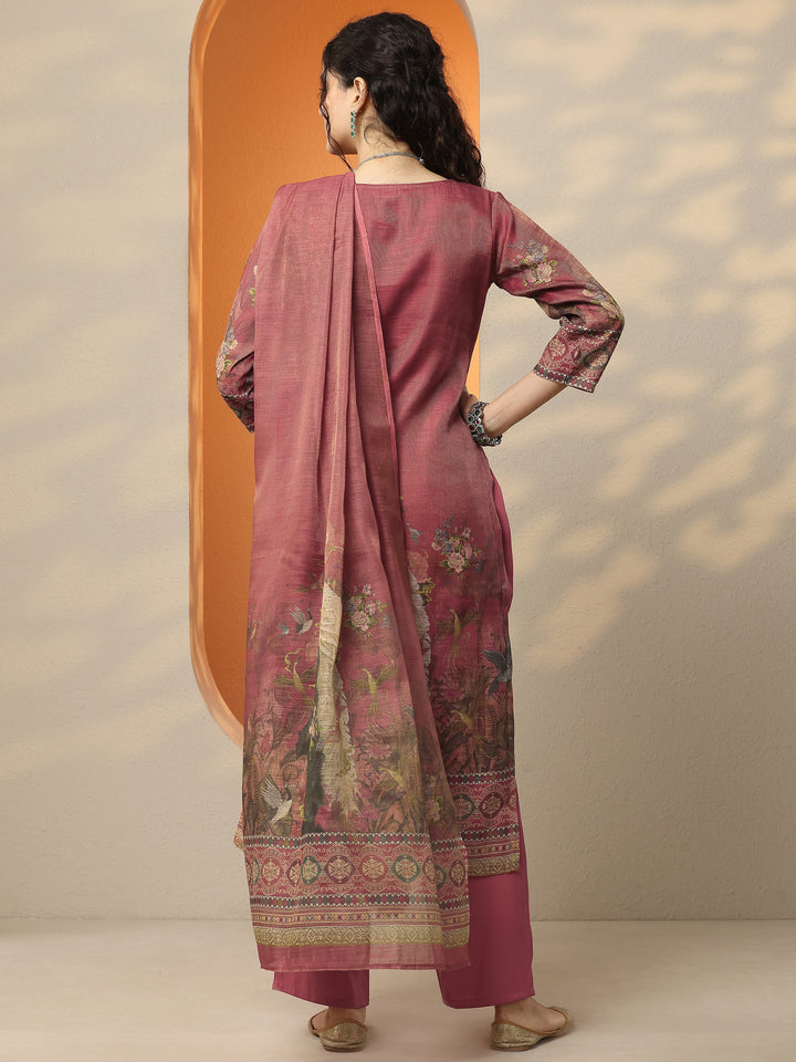 Maroon Printed Silk Blend Straight Suit Set With Dupatta
