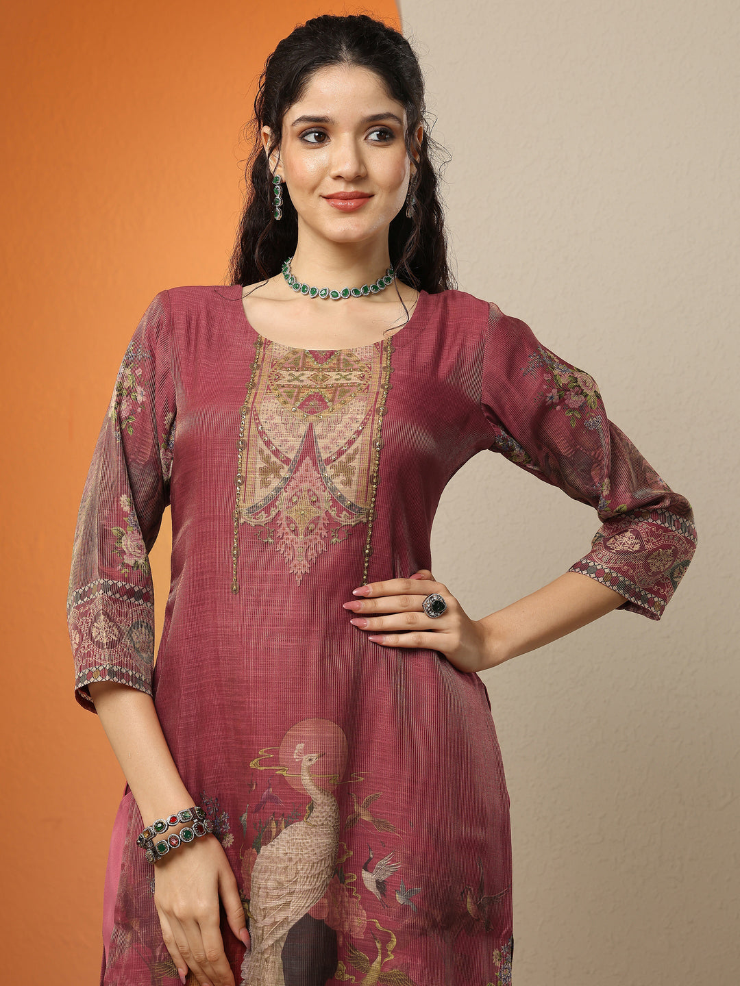 Maroon Printed Silk Blend Straight Suit Set With Dupatta