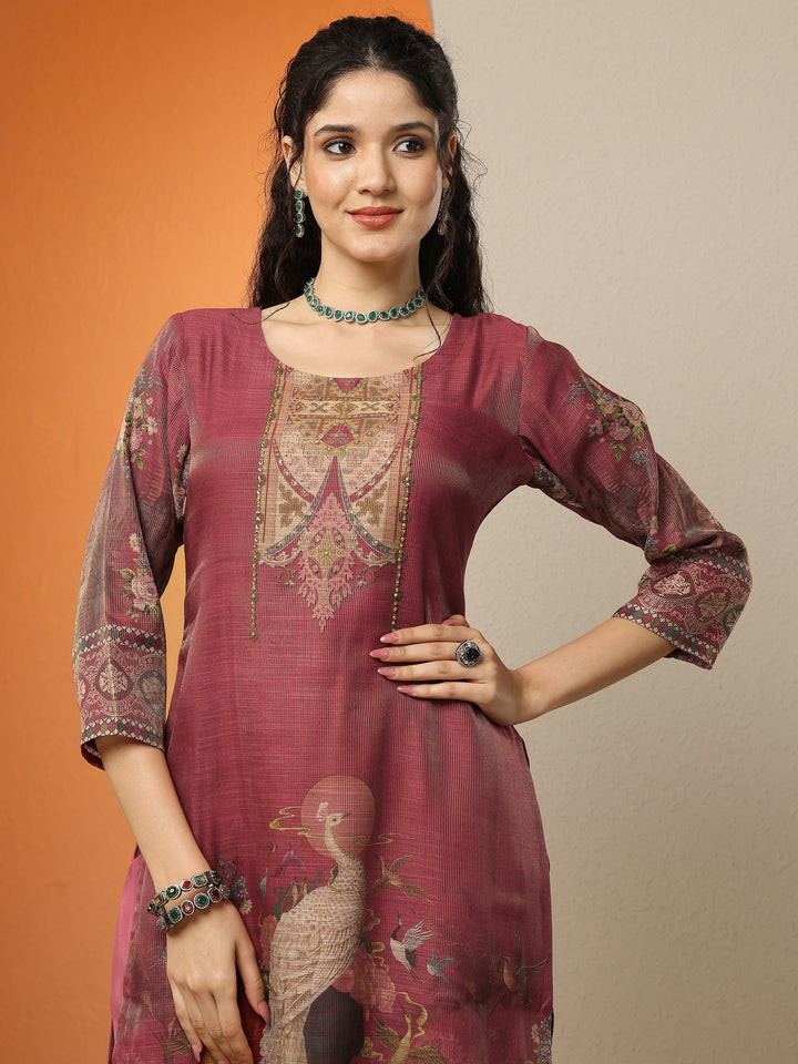 Maroon Printed Silk Blend Straight Suit Set With Dupatta